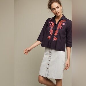 Anthropologie Embellished Poplin Buttondown Blouse by Maeve Size 12